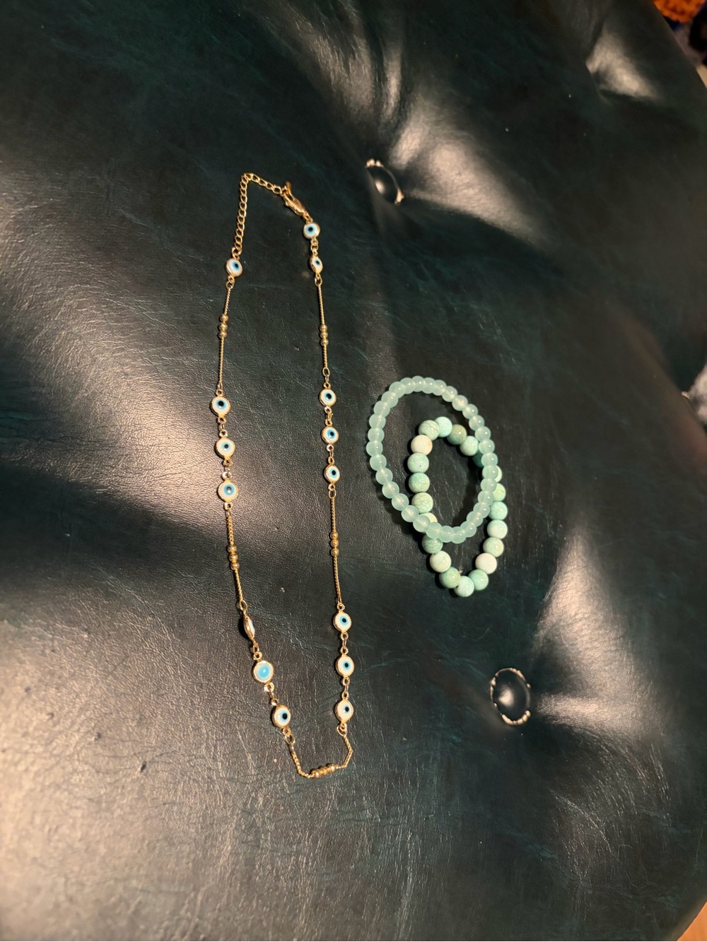 Gold Evil Eye Necklace with Mint Green Beaded Bracelet Set